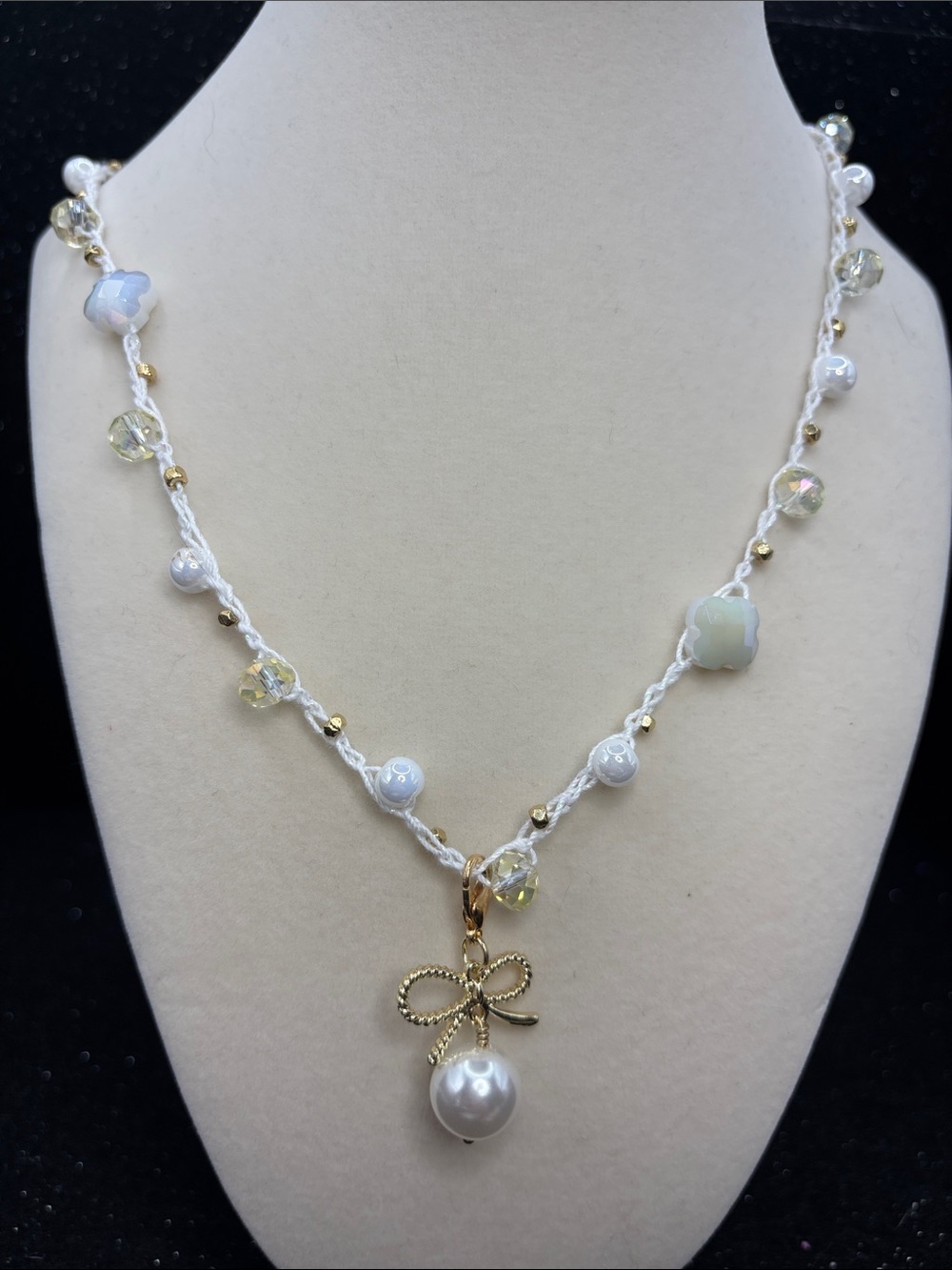 Gold Bow Pearl Pendant Necklace - White Beaded Women's Jewelry - Picture 3 of 6